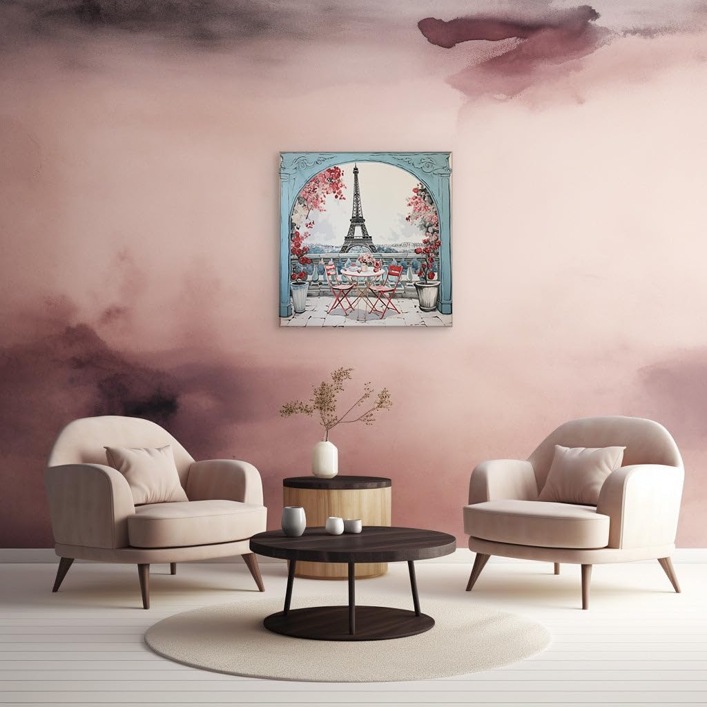 Canvas for Living room. Parisian Serenity in Bloom A Picturesque Caf� Encounter Under the Eiffel Tower, 27 x 18 inch Canvas Wall Art - Ready to Hang