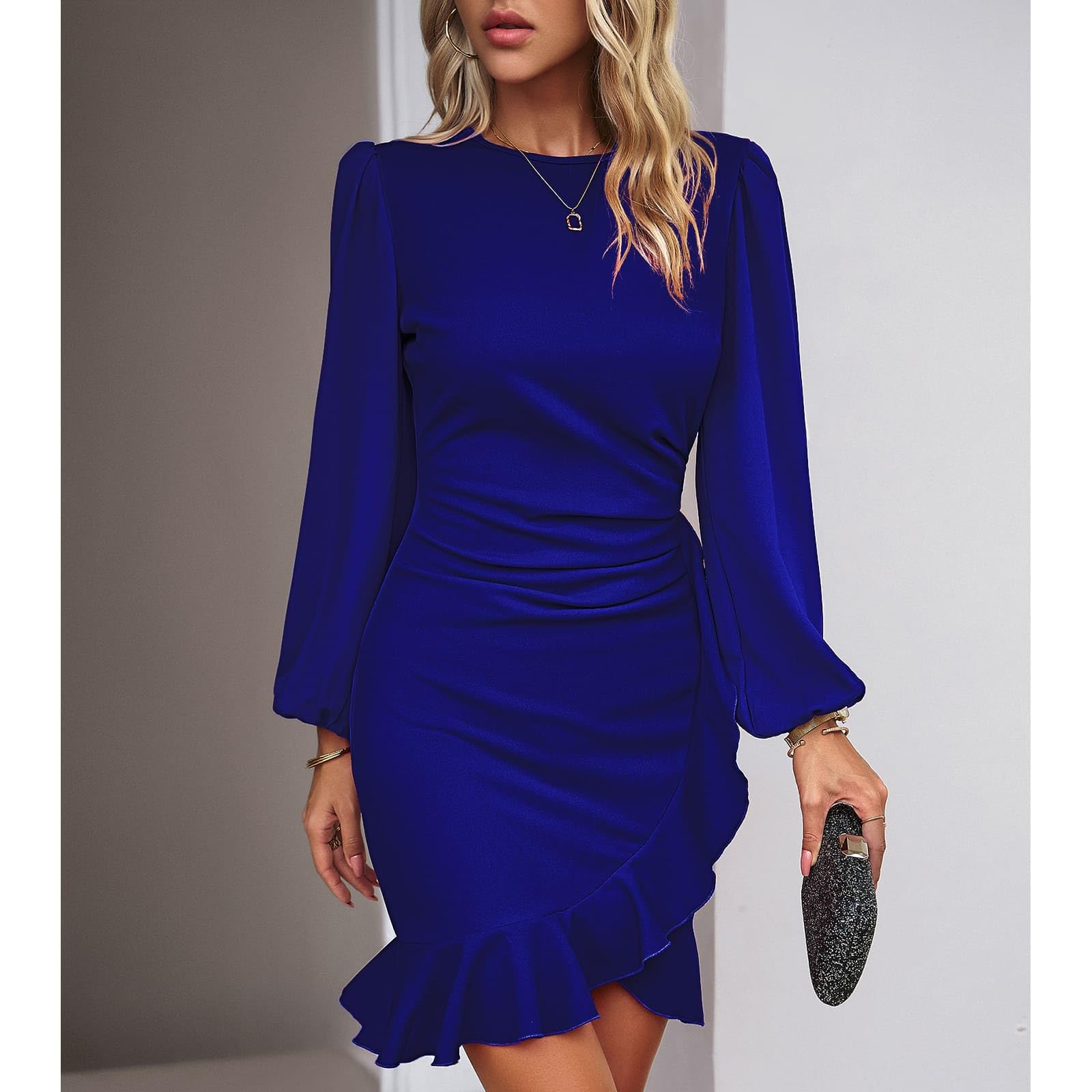 TcIFE Vestido Mujer de Cóctel Manga Larga Cuello Redondo Vestido de Ruched Volante Dobladillo Bodycon Mini Vestidos para Fiesta Invitada Bodas Noche
