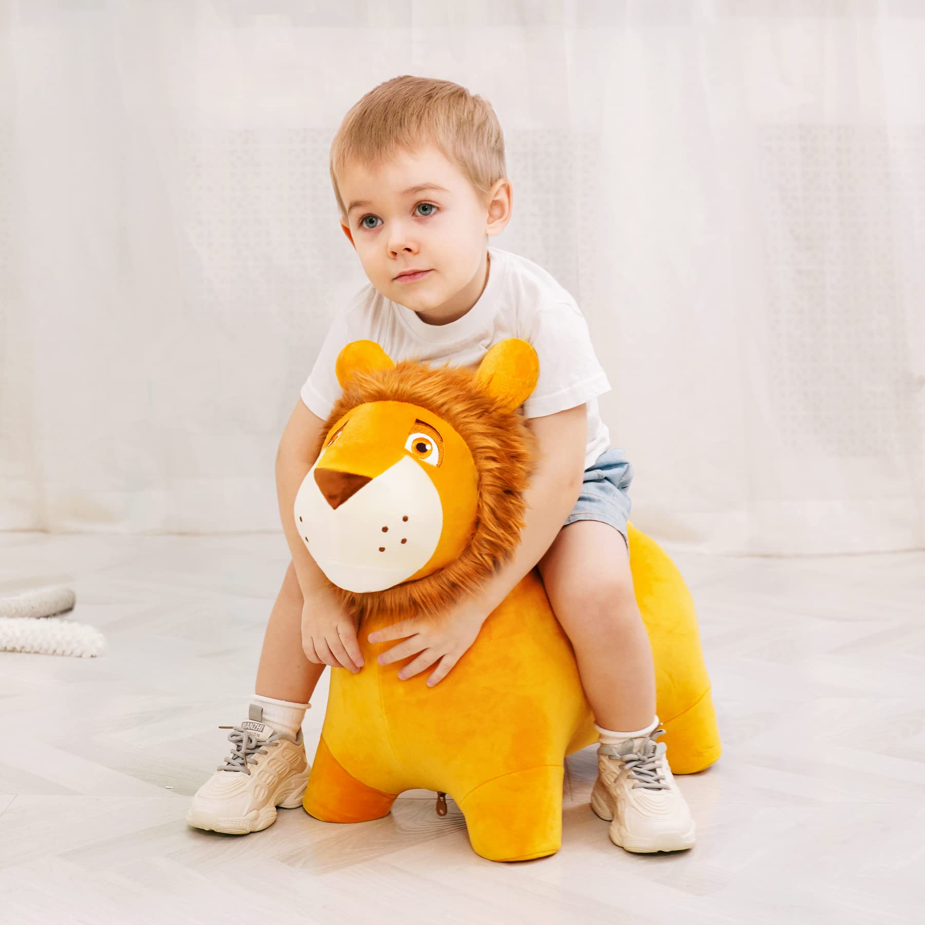 INPANY Lion Bouncy Hopper Toy - Inflatable Ride-On Bouncer For Toddlers 2-4 Years, Plush Animal Hopping Toy For Indoor/Outdoor Play