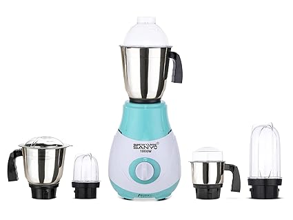 MasterClass Sanyo Riaa 1000W Mixer Grinder with 3 Stainless Steel Jars and 2 Bullet Jars (1 Wet Jar, 1 Dry Jar, 1 Chutney Jar and 2 Bullet Jars), Green-White.Make in India