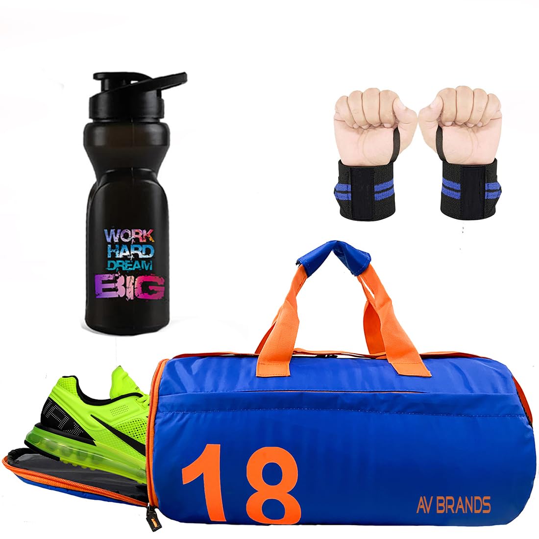 AV Brands New Version Sports Combo of (Brown) Leather Gym Bag Gloves (Black), Hand Gripper (Blue) and Shaker Bottle (Black) Gym/Fitness Kit/Combo/Gym Accessories/Gym Kit