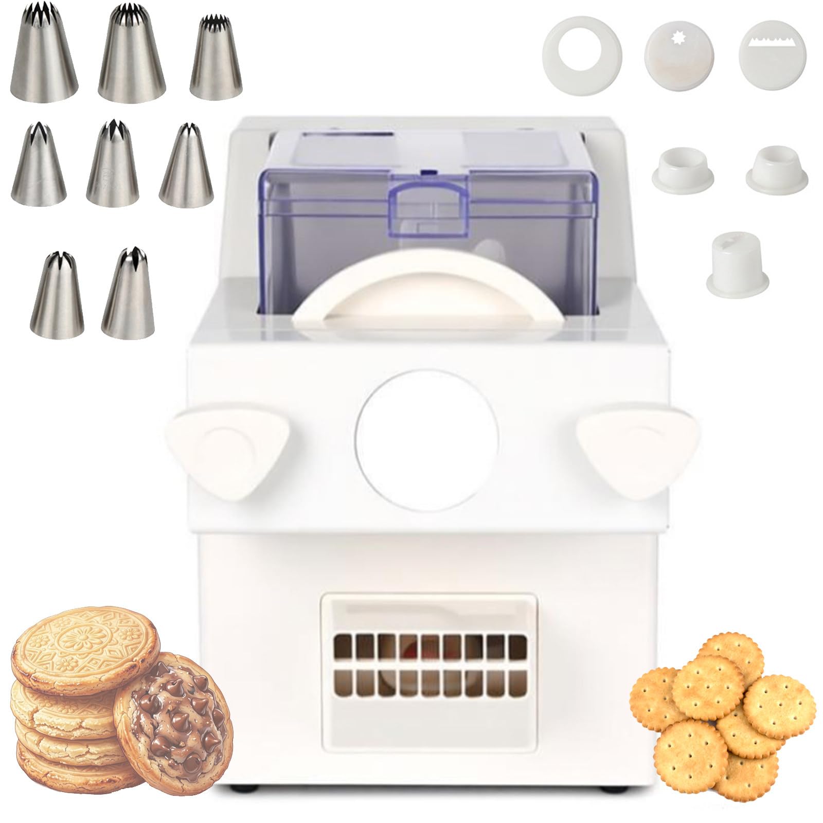DOZPAL Biscuit Form Maker with 8 Interchangeable Nozzles and 6 Various Cookie Molds, Automatic Cookies Making Machine DIY Baking Tool for Homemade Biscuits