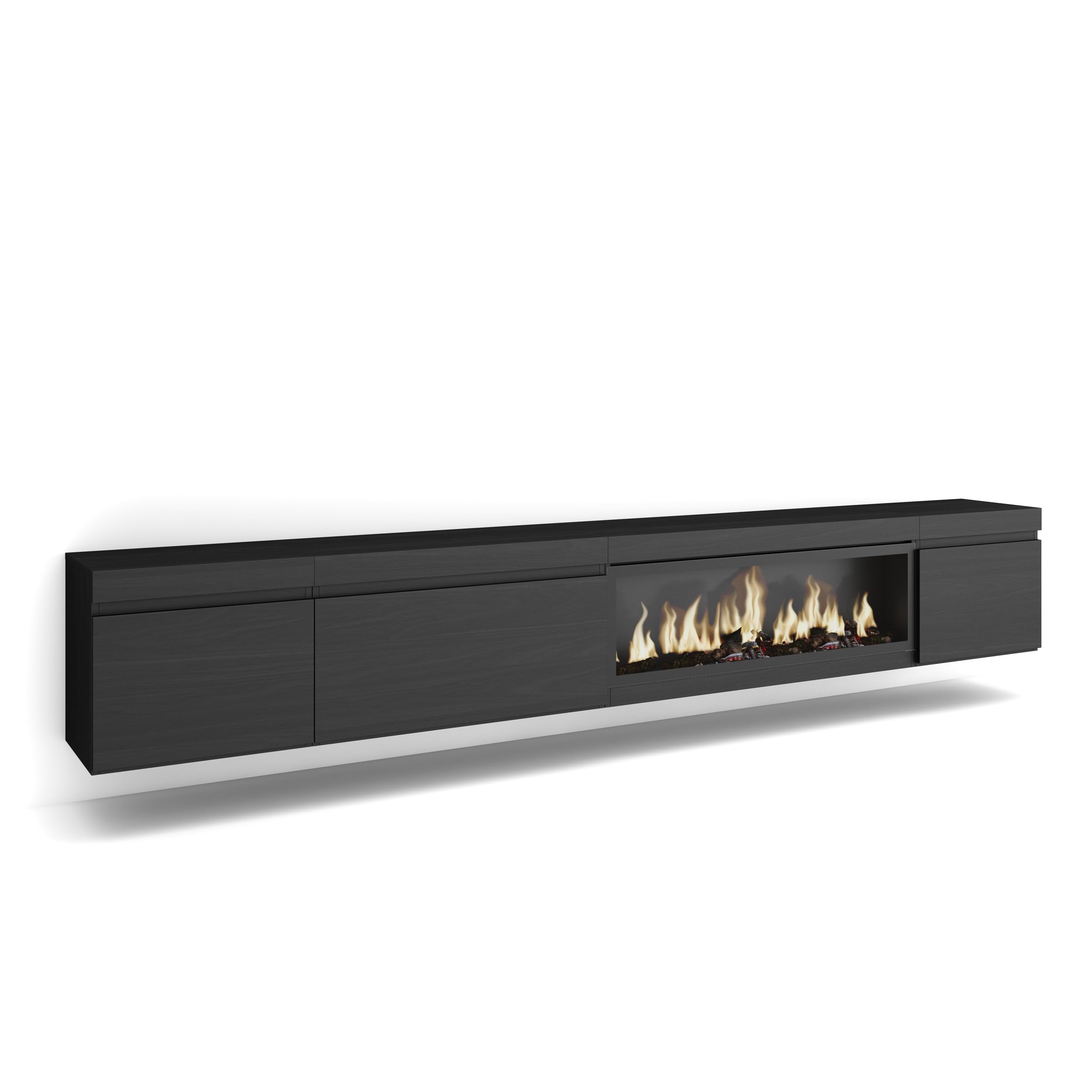 Skraut Home | Mueble TV | Televisión | Muebles de salón, almacenaje | 288x45x35 cm | para TV Gran Formato | Chimenea eléctrica XXL | Colgado, Suspendido | Estilo Moderno | Negro