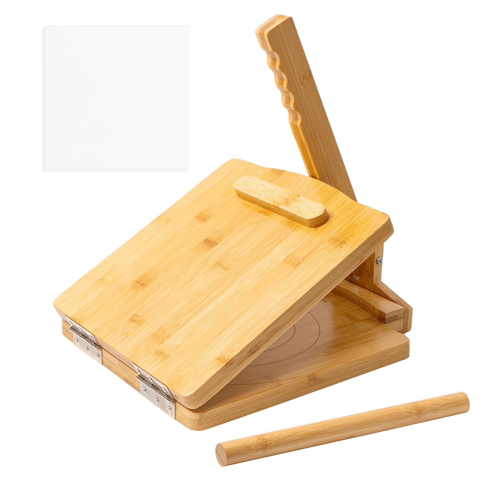 Prensa de tortilla de madera mejorada 2025 de 10 pulgadas, grande, con rodillo y 50 piezas de papel pergamino, para tortilla casera, roti, chapati, taco, pataconera, burritos
