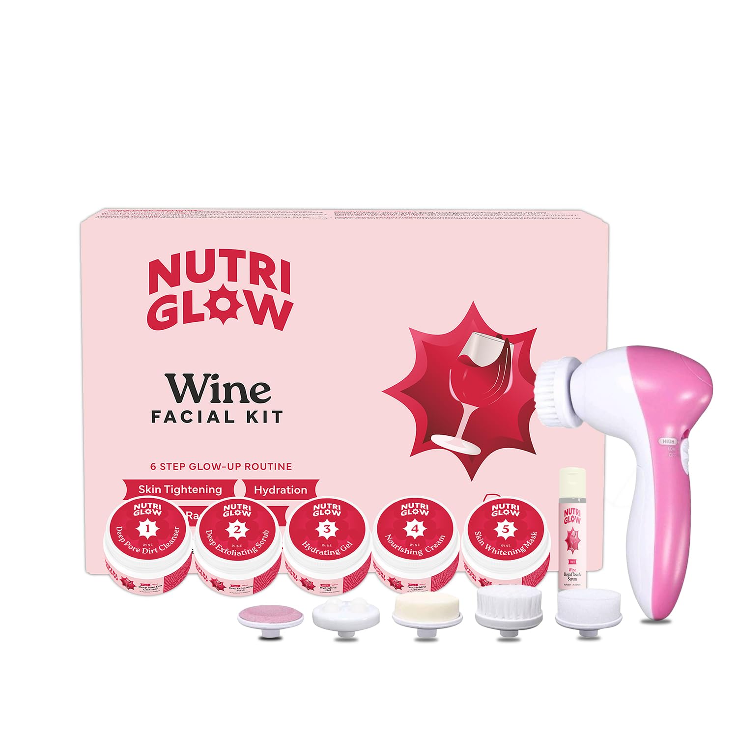 NutriGlow Wine Facial Kit for Glowing Skin with Red Grape Extracts, Suitable for All Skin Types, Men & Women, Instant Glow & Deep Cleansing, 260g + Free 5-in-1 Face Massager