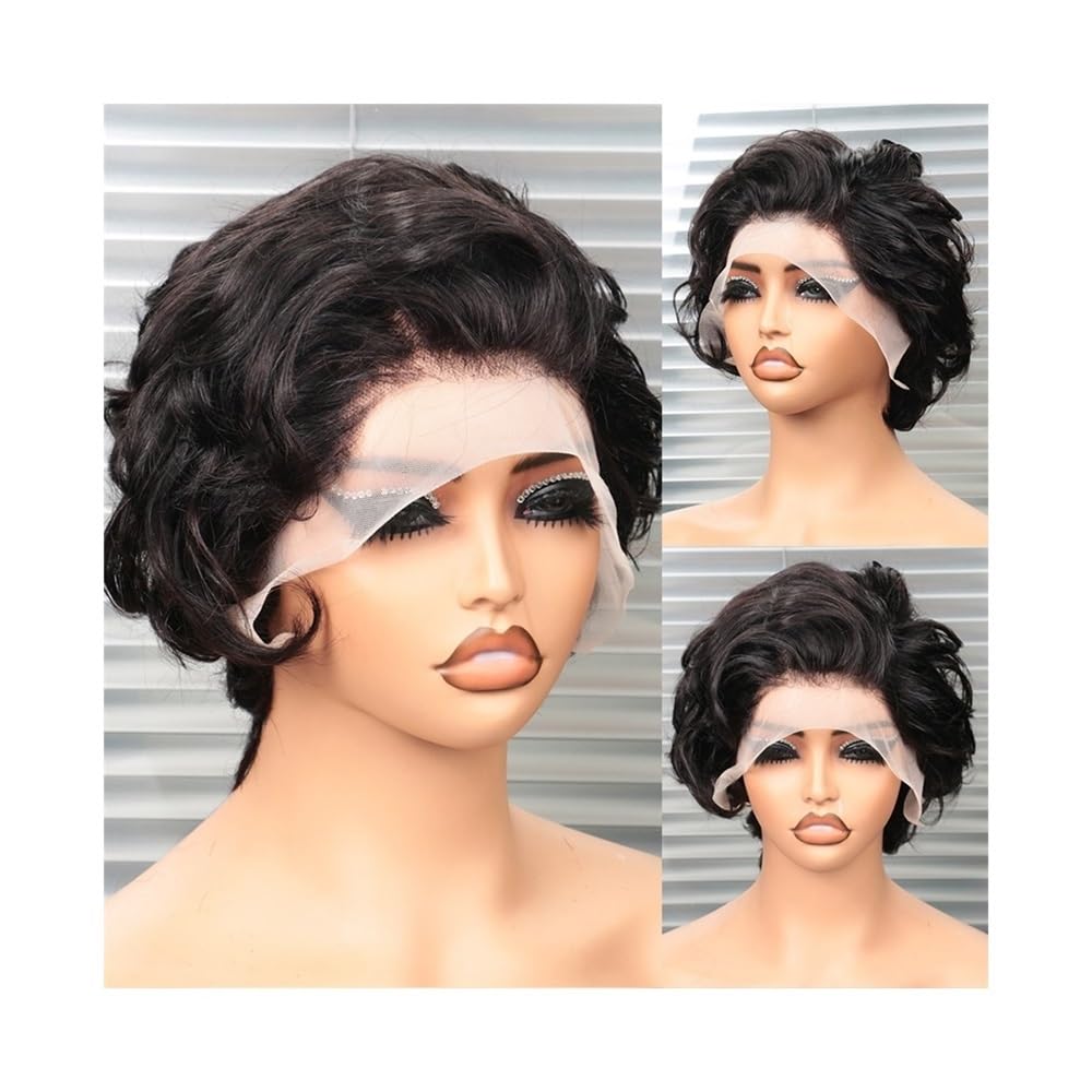 Peluca de cabello humano natural corta y ondulada con encaje frontal invisible