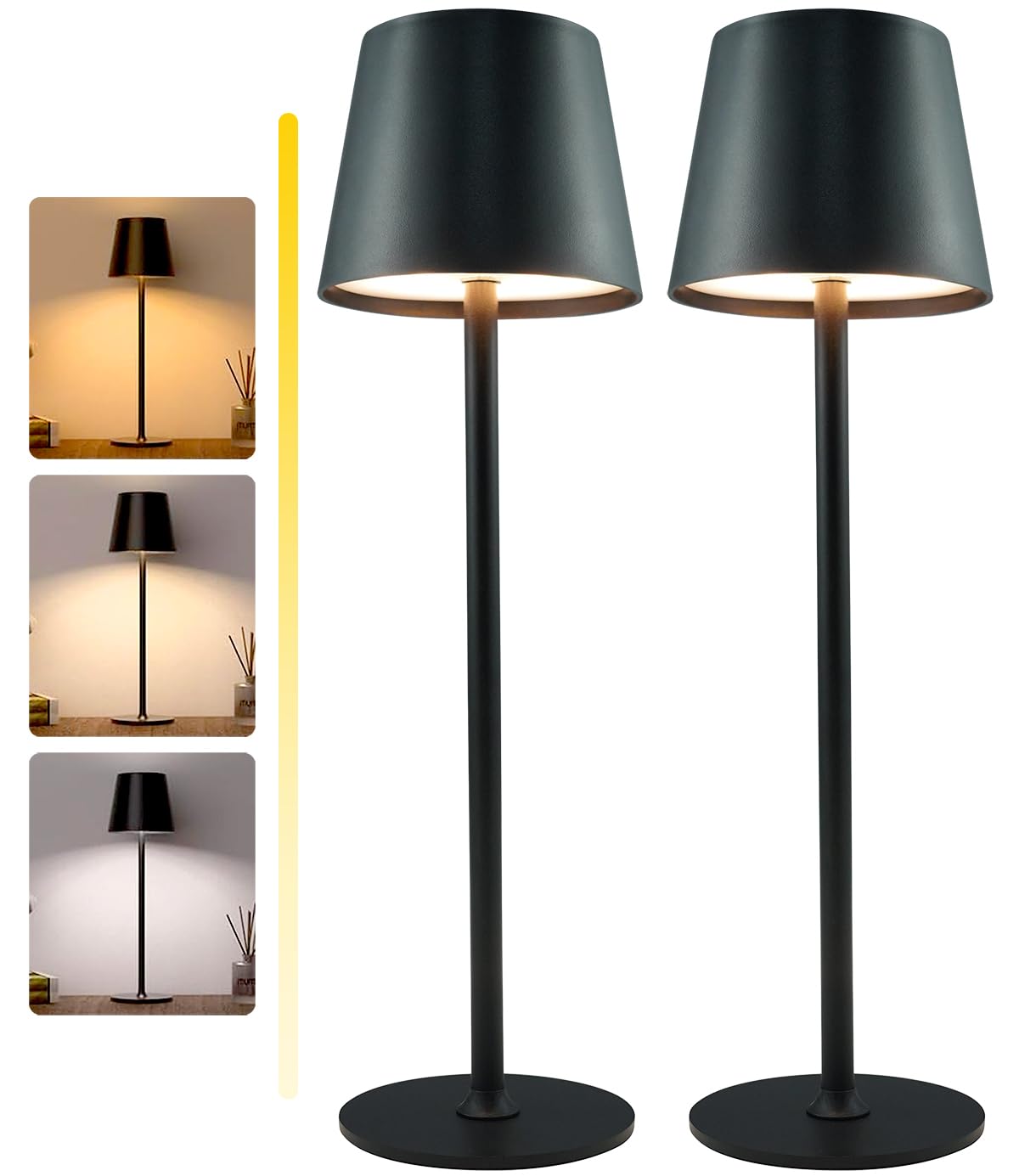 Aiandcc Rechargeable Lamps Full Metal Set of 2, Rechargeable Table Lamps UK with 3 Color Modes, 5200mAh Battery Operated Lamp, Touch Control Wireless Lamp Indoor and Outdoor IP54 Waterproof (Black)