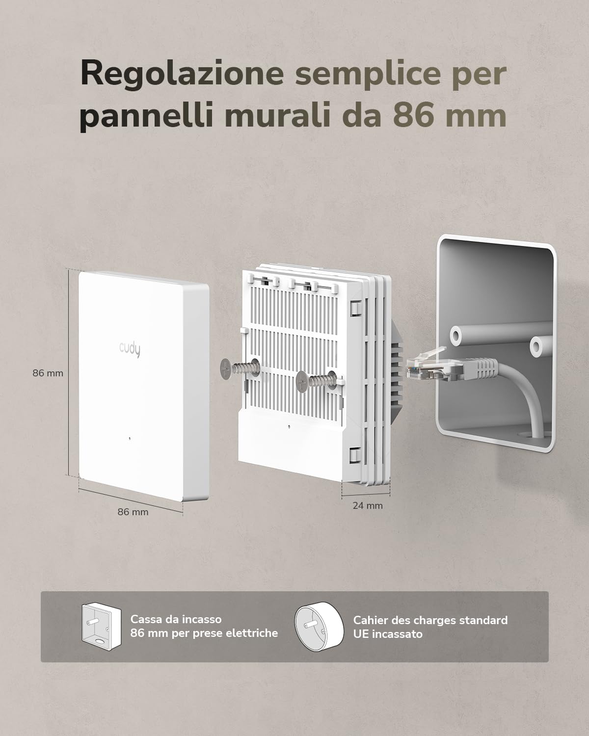 Cudy AX3000 Access Point Wi-Fi 6 a Parete, 2.5GbE PoE, AP3000E Wall | 2402+574 Mbps, 50 m², 60+ Client, 1x 2.5GbE, 1x Gigabit LAN, PoE/PoE Passivo, Multi-SSID, VLAN, Captive Portal