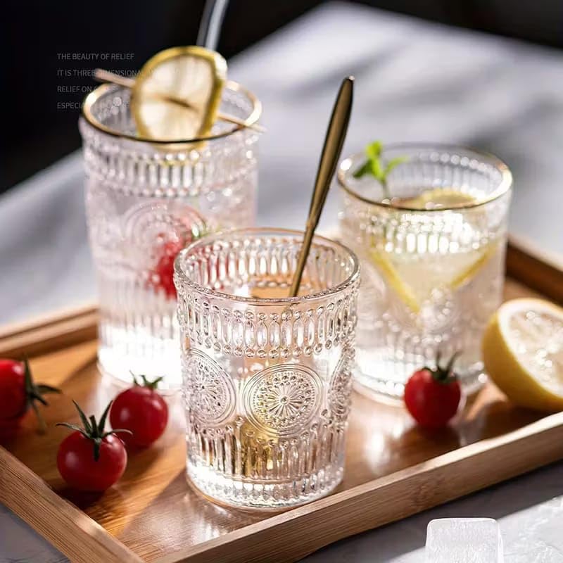 Image of PrimeWorld Glass Embossed Designed Romantic Premium Tumbler Water Glasses - Set of 6, 300ml | Perfect for Whiskey, Juice, Cocktails, Beer & Beverages | Elegant Drinkware for Home, Bar & Parties