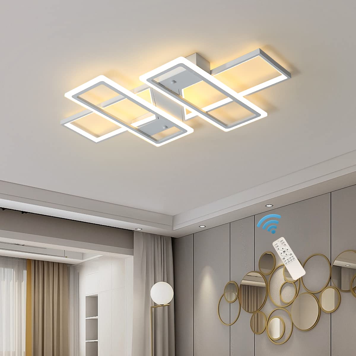 Jaycomey Dimmable Ceiling Light,4 Squares Modern LED Ceiling Lamps with Remote Control,80W Acrylic Flush Mount Ceiling Light Fixture for Living Dining Room Bedroom Kitchen(White)