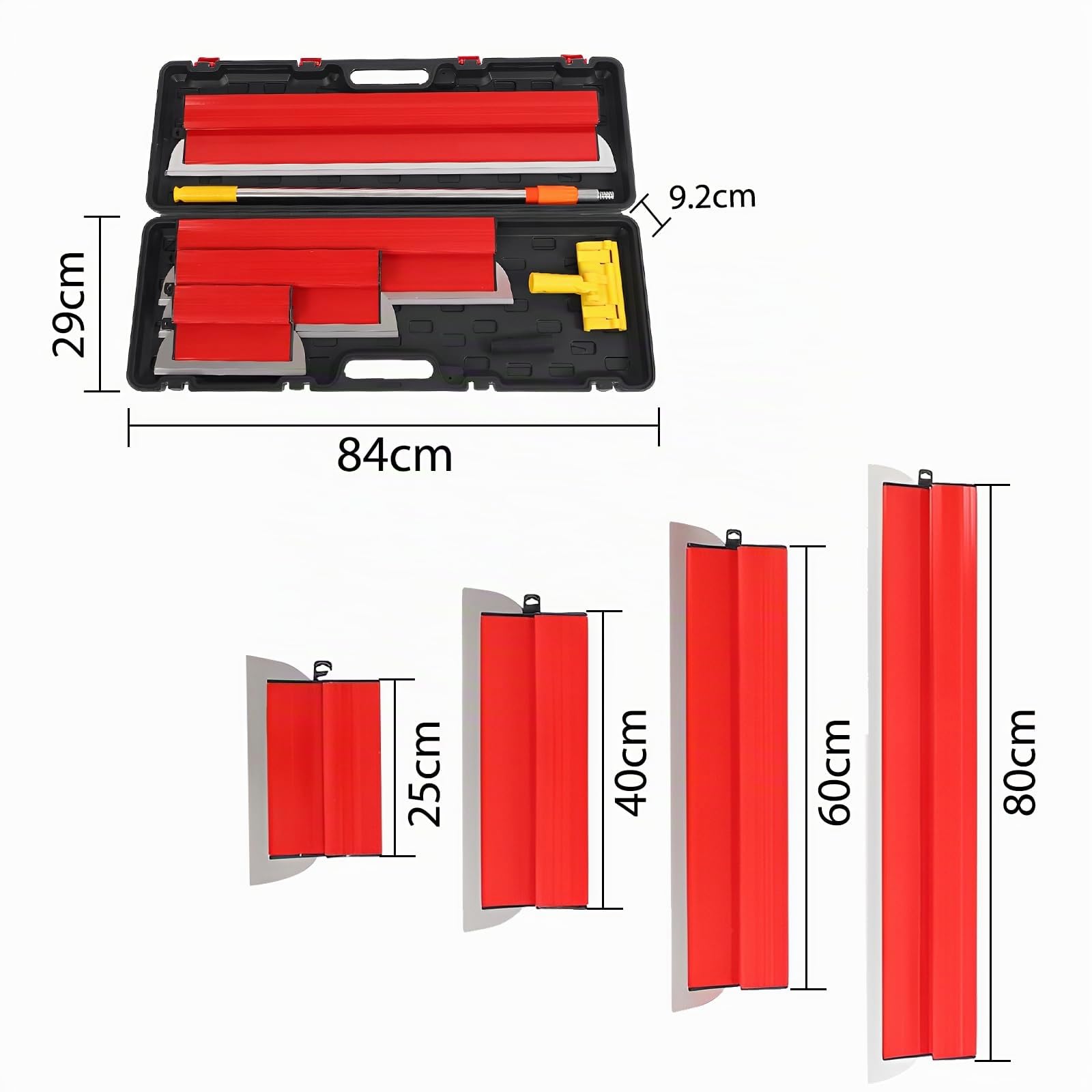 Flächenspachtel Set,Profi Flächenspachtelset Koffer,Multifunktionsspachtel | 9 Arten Spachtel Werkzeug, Spachtel Werkzeug (25cm,40cm,60cm,80cm), Teleskopstange Zum Verputzen von Wänden und Decken