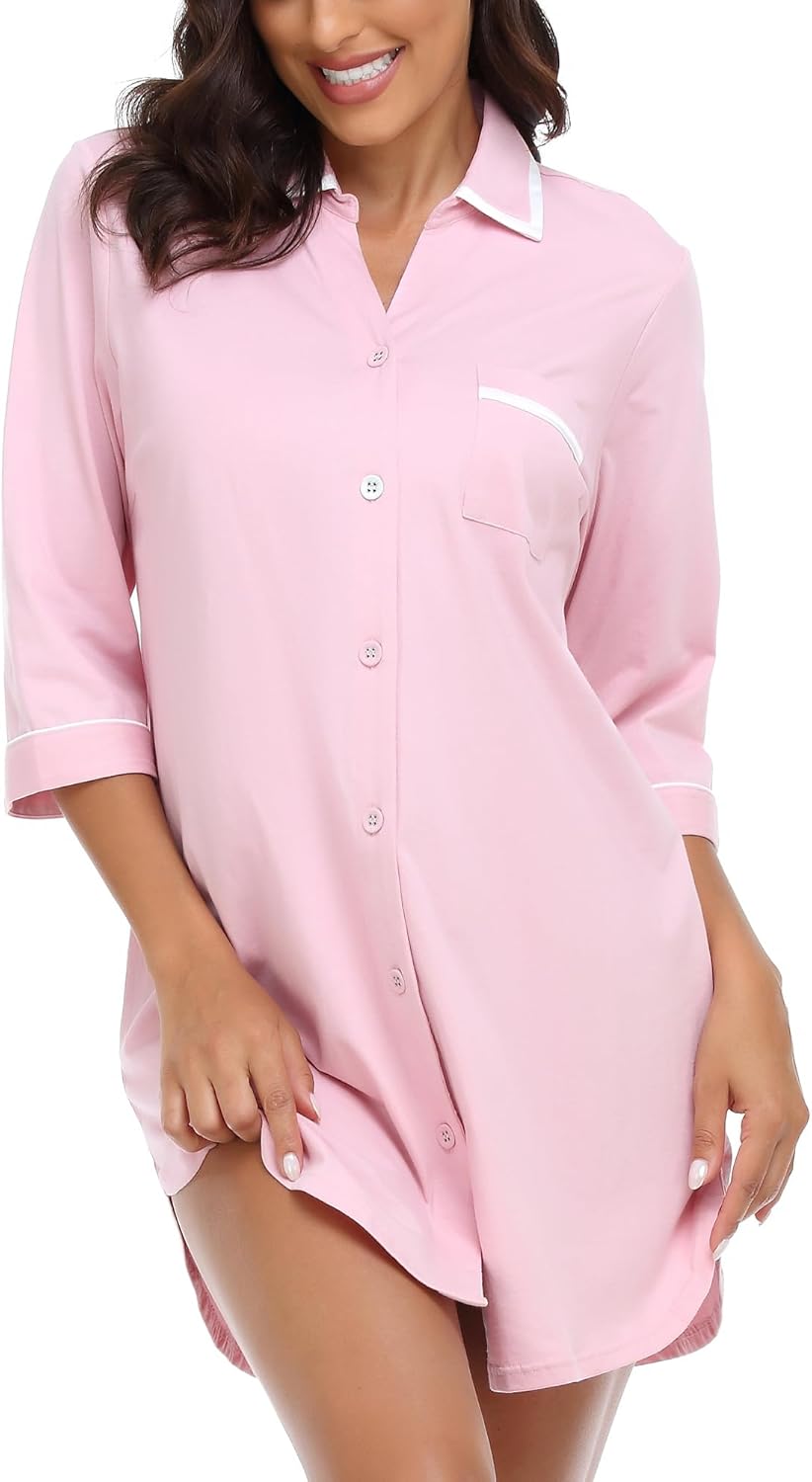 COLORFULLEAF Women's 100% Cotton Nightgowns 3/4 Sleeve V-Neck Sleep Shirt Soft Button Down Pajama Dress