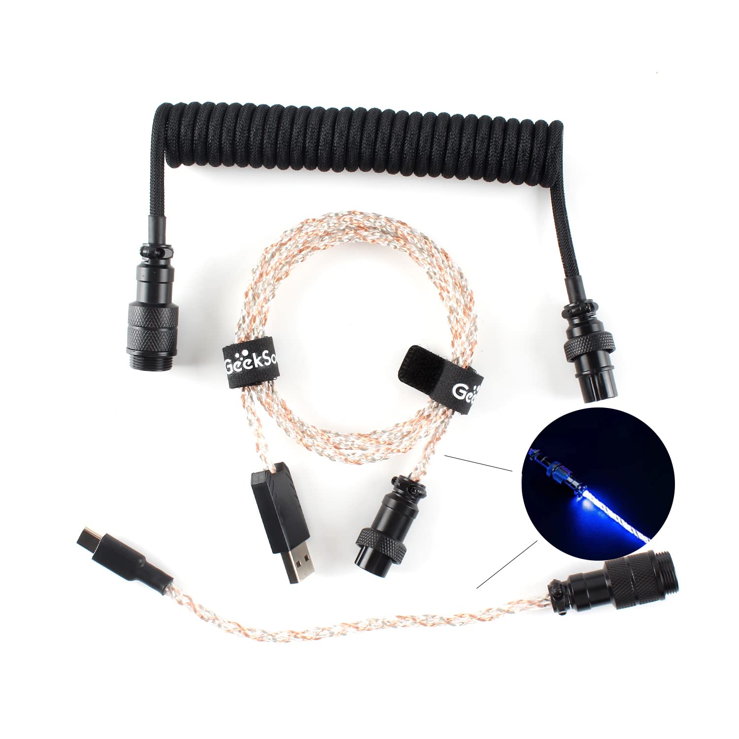 Geeksocial4.6ft Coiled RGB Light-Emitting Type C USB Cable for Mechanical Gaming Keyboard, GX16 Aviator Connector, Durable Nylon Braided Luminous Cord -Black