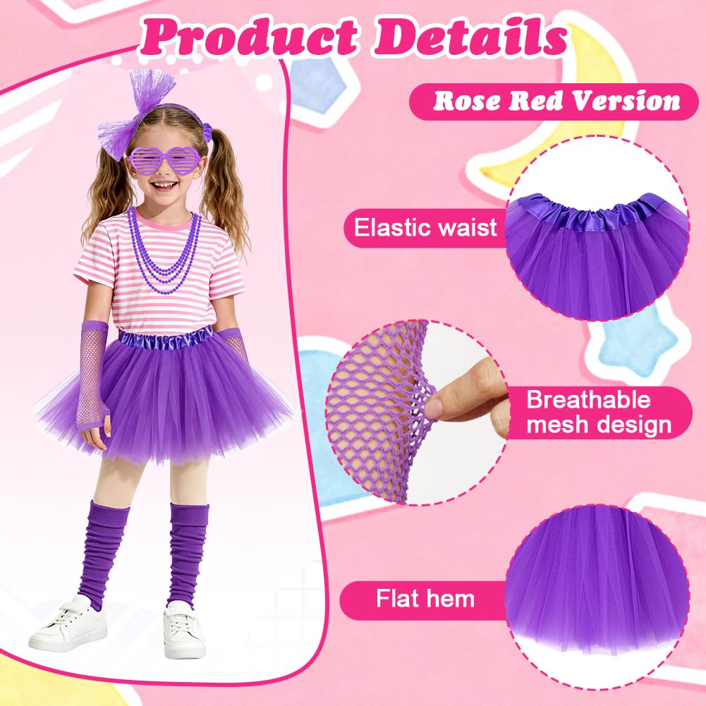 BSBUY 80s Fancy Dress Costume for Kids 21 Pcs 1980s Neon Costume Fancy Dress Outfit Dress Up with Tutu Skirt Fishnet Gloves Leg Warmers Glasses Bracelets Necklaces Headband Anklets Wristbands(Purple) - Image 3