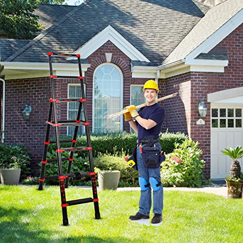 5 + 7 Extension Ladder Multi-Position A-Frame Telescoping Ladder - Aluminum Lightweight Adjustable Step Ladder - Portable Collapsible Ladder for RV Stairs (5+7 Steps)