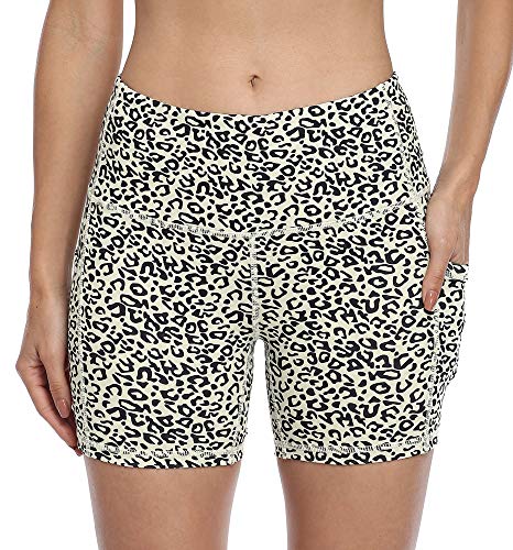 DF-deals Biker Shorts for Women with Pockets High Waisted Printed Workout Athletic Yoga Shorts Running Spandex Gym Fitness Shorts Leopard - M