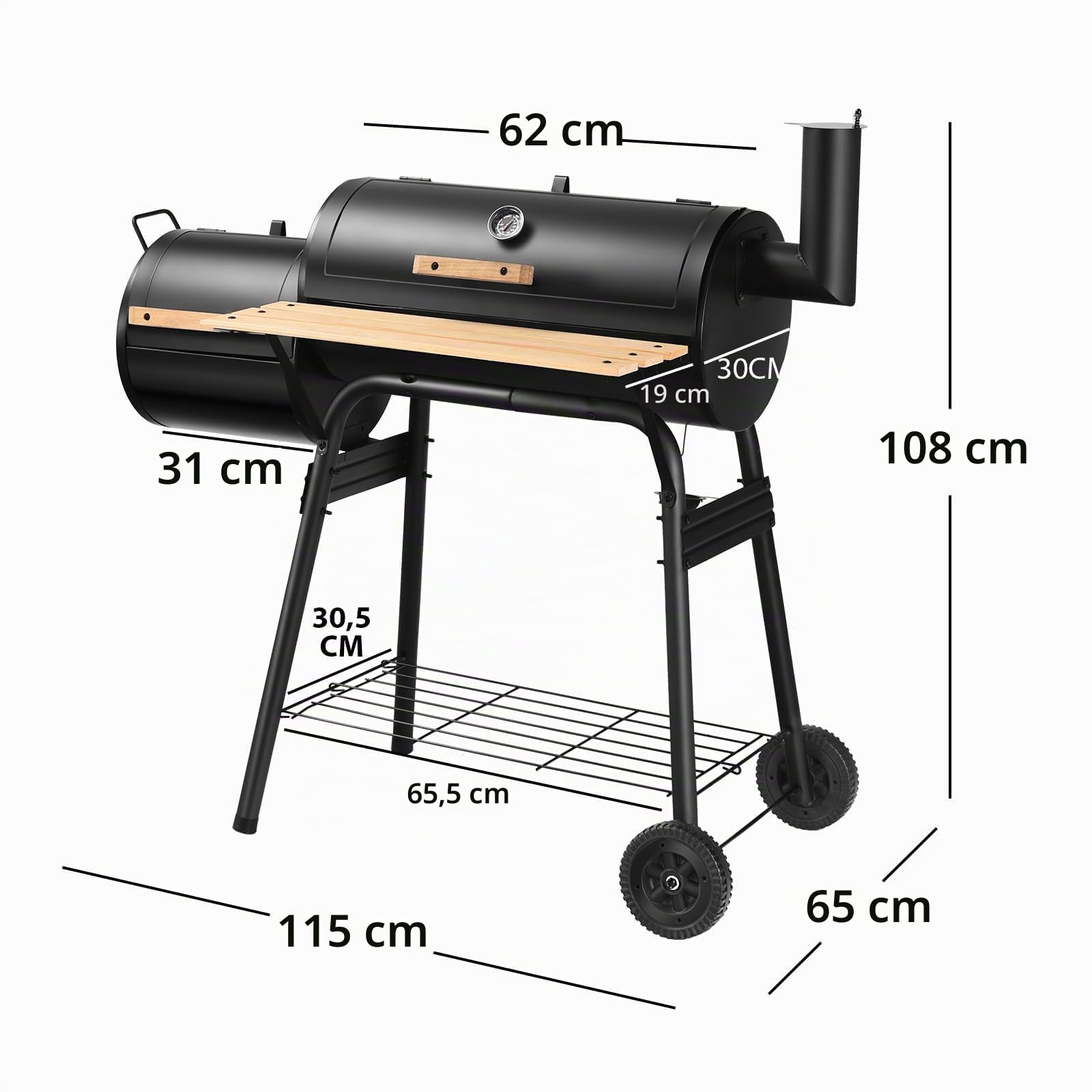 KOMFOTTEU Barbecue à Charbon avec Thermomètre, Cheminée& Roulettes