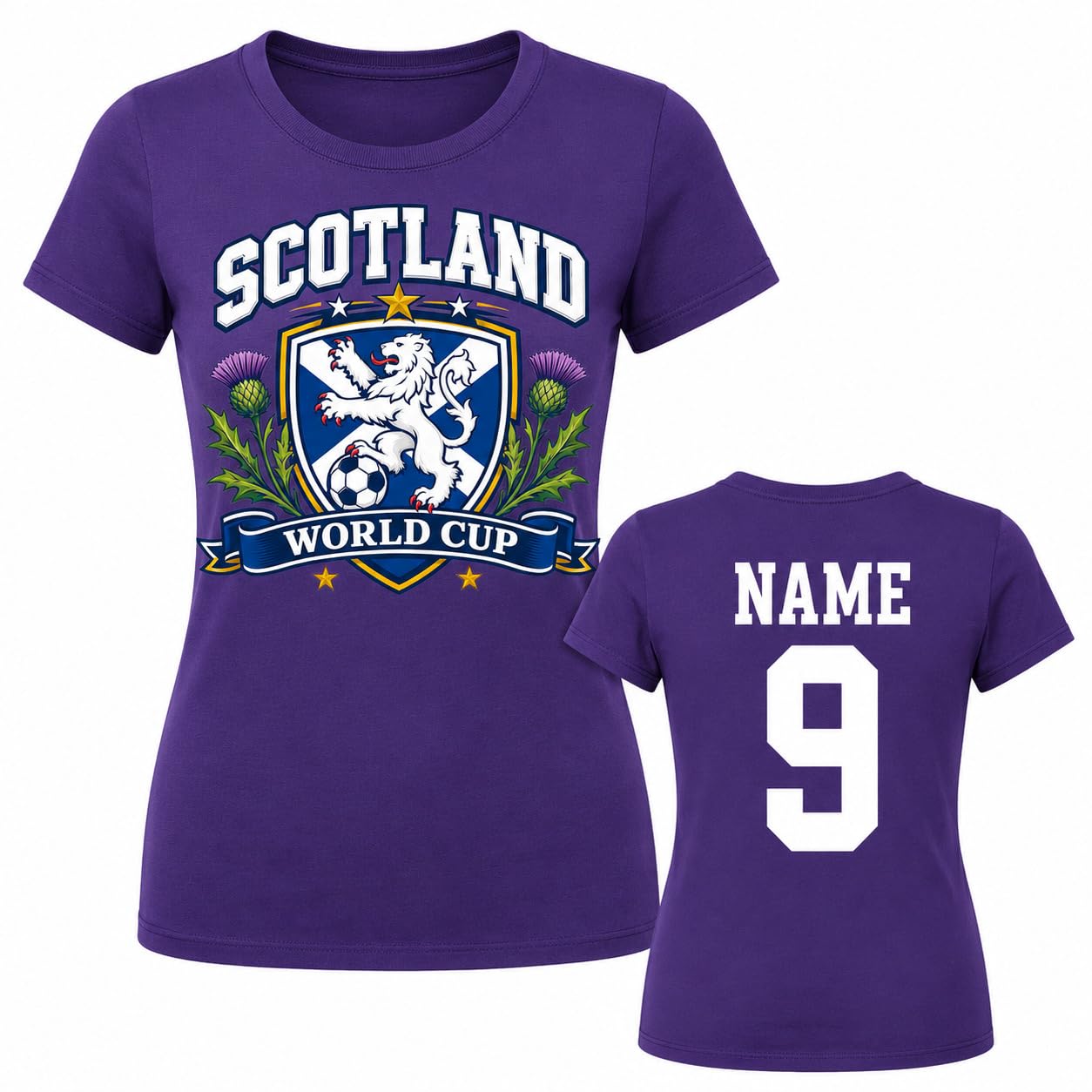 Women’s Personalised Scotland Saltire Thistle World Cup T Shirt Custom Name Number Ladies Football Fan Tee (UK, Alpha, XS, Regular, Regular, Purple)