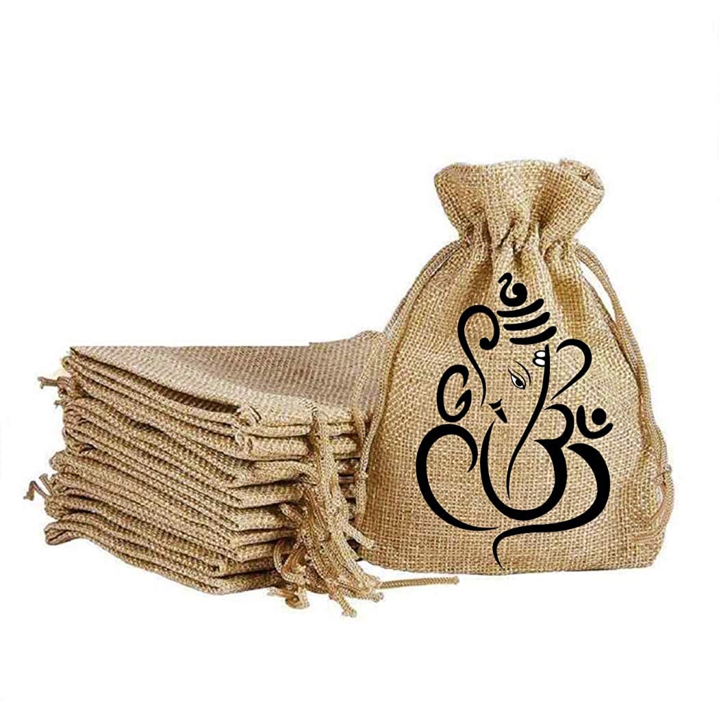 Handmakers ! Natural Jute gift Potli pouch with Ganesh print in bulk (set of 50) (B0B7F5SK1Q) Amazon Price History, Amazon Price Tracker