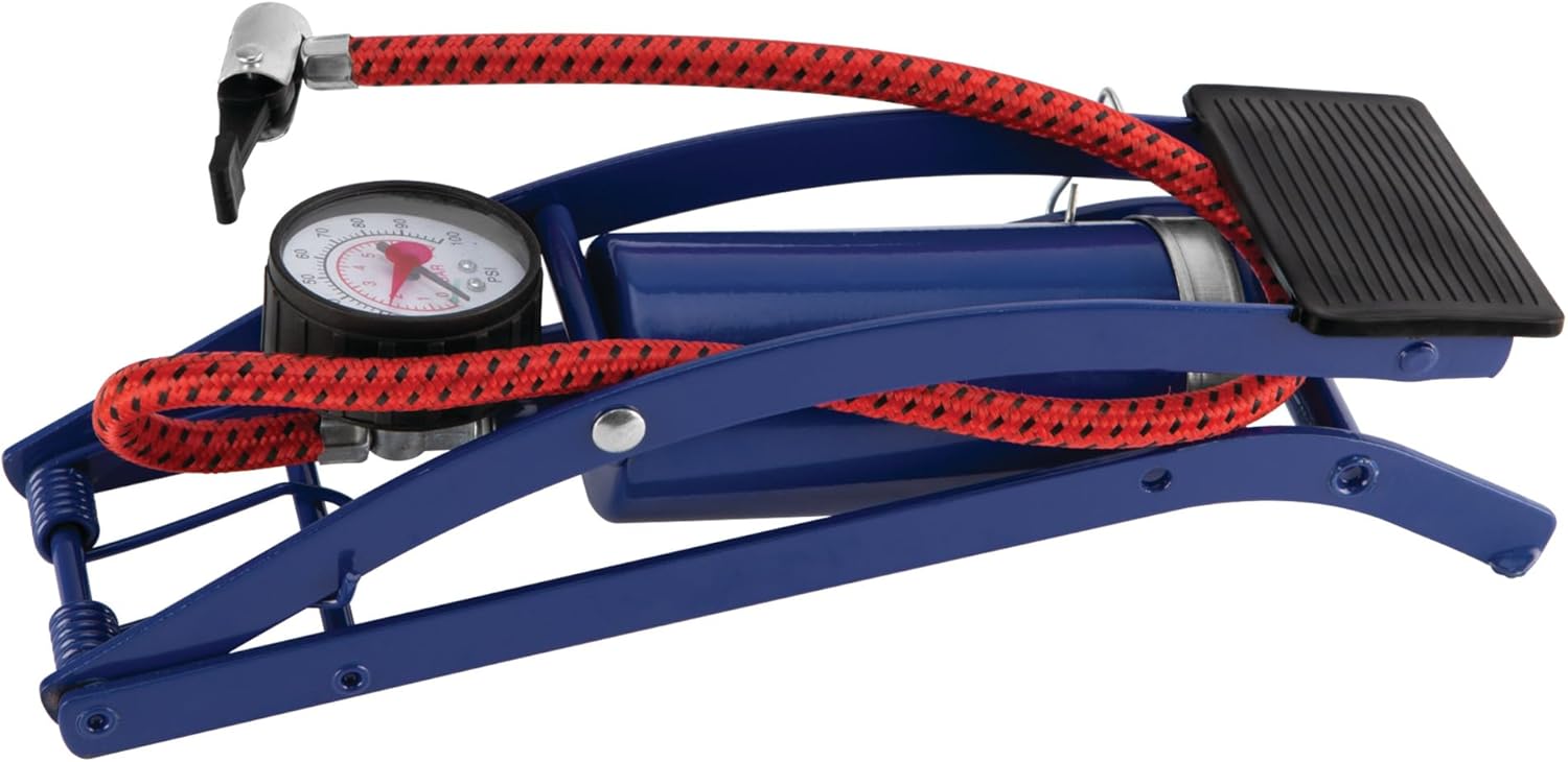 Performance Tool W1638DB Foot Pump for Bike Tires and Sports Equipment with Air Pressure Gauge, Braided Hose, and Needle Valve with Adaptors, 100 P.S.I Capacity, Blue