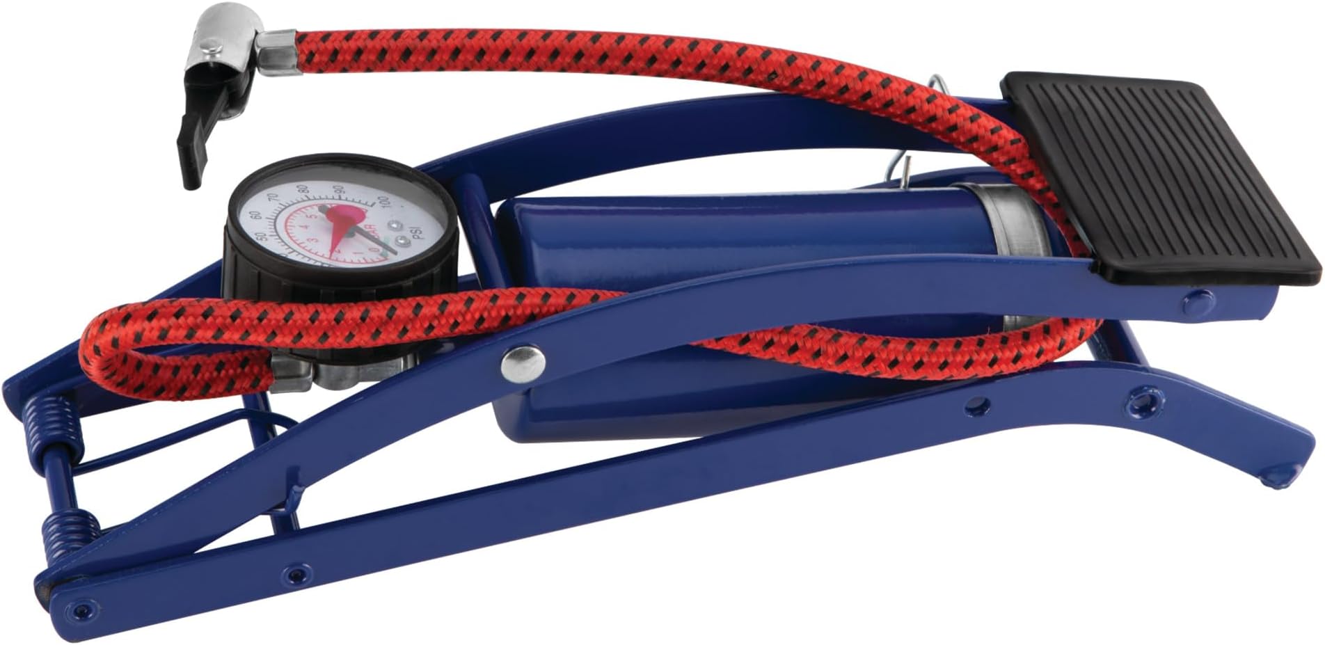 W1638DB Foot Pump for Bike Tires and Sports Equipment with Air Pressure Gauge, Braided Hose, and Needle Valve with Adaptors, 100 P.S.I Capacity, Blue