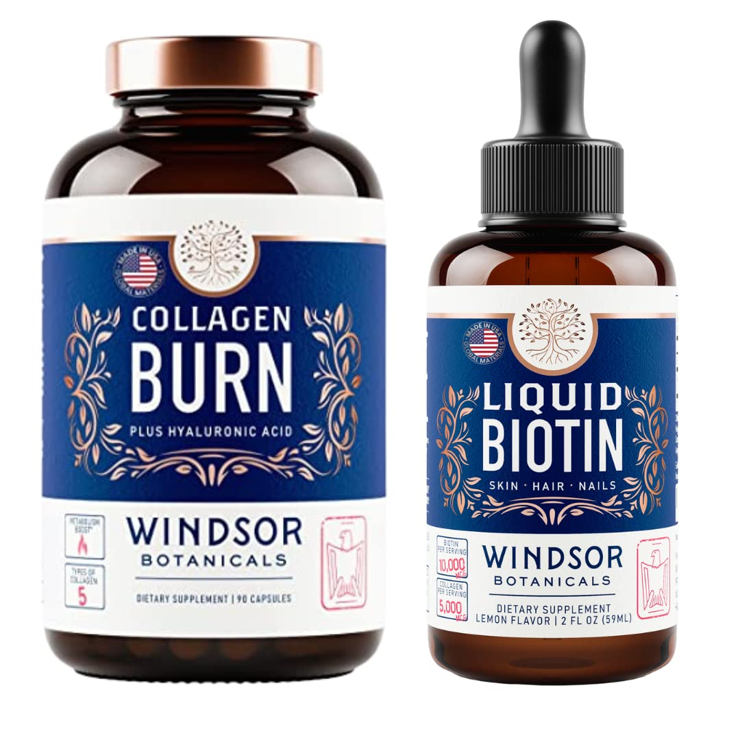 WINDSOR BOTANICALS Thermogenic Multi Collagen Burn and Concentrated Liquid Biotin Plus Collagen Bundle