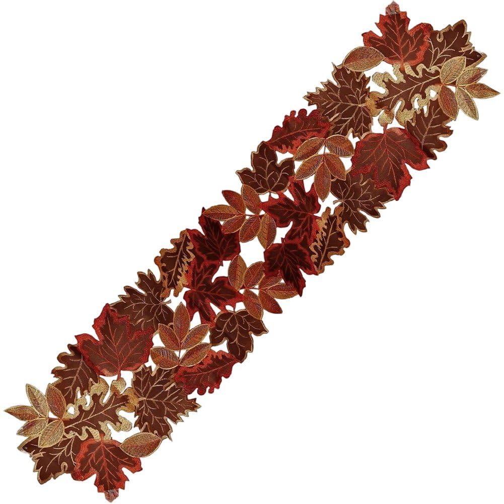 Casiler Brown Fall Table Thanksgiving Runner, Leaves Table Runner Embroidered, Fall Decorations For Home, Thanksgiving Table Decoration Holiday Harvest Maple Leaf Runner