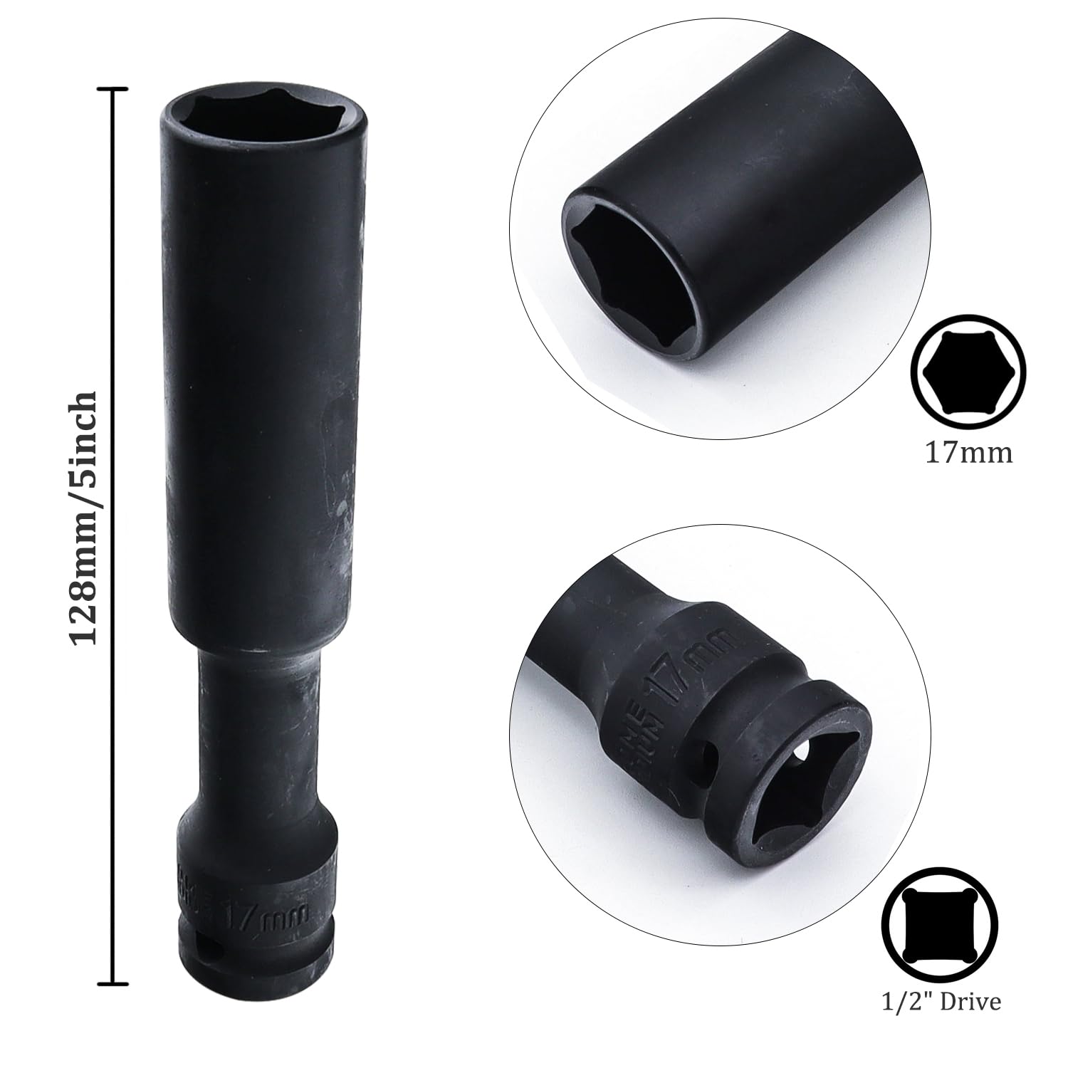 Juttzzei Deep Impact Socket 1/2 Inch Drive 17mm, CR-V Steel With 128mm Length 6-Point Metric Size for Car Tractors Engines Repair - Image 2
