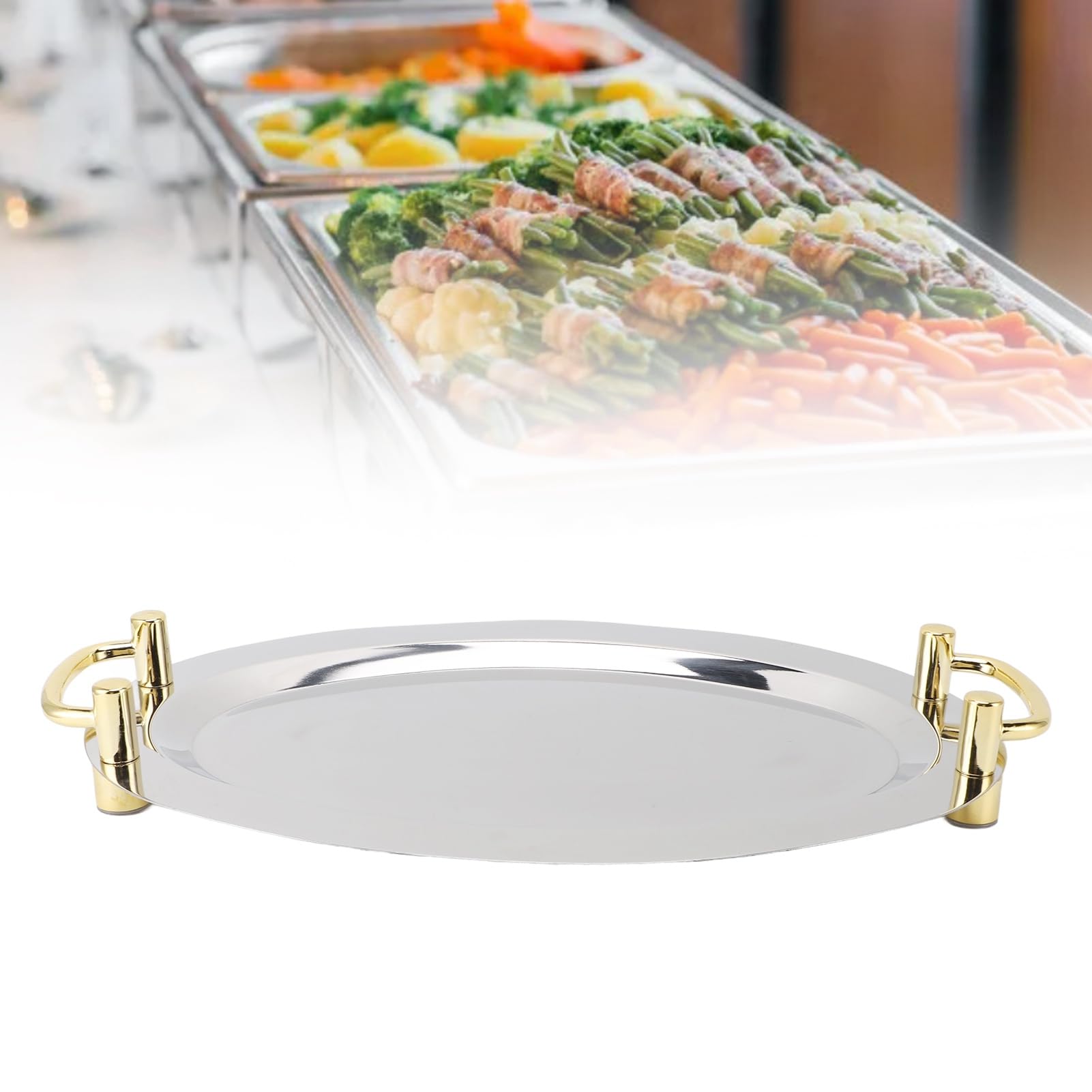 Bandeja para Servir de Acero Inoxidable con asa, Elegante Plato de Espejo para Banquetes, cafeterías, Bodas, Duradero, fácil de Limpiar, Antideslizante, Servicio de (Forma Redonda con Mango