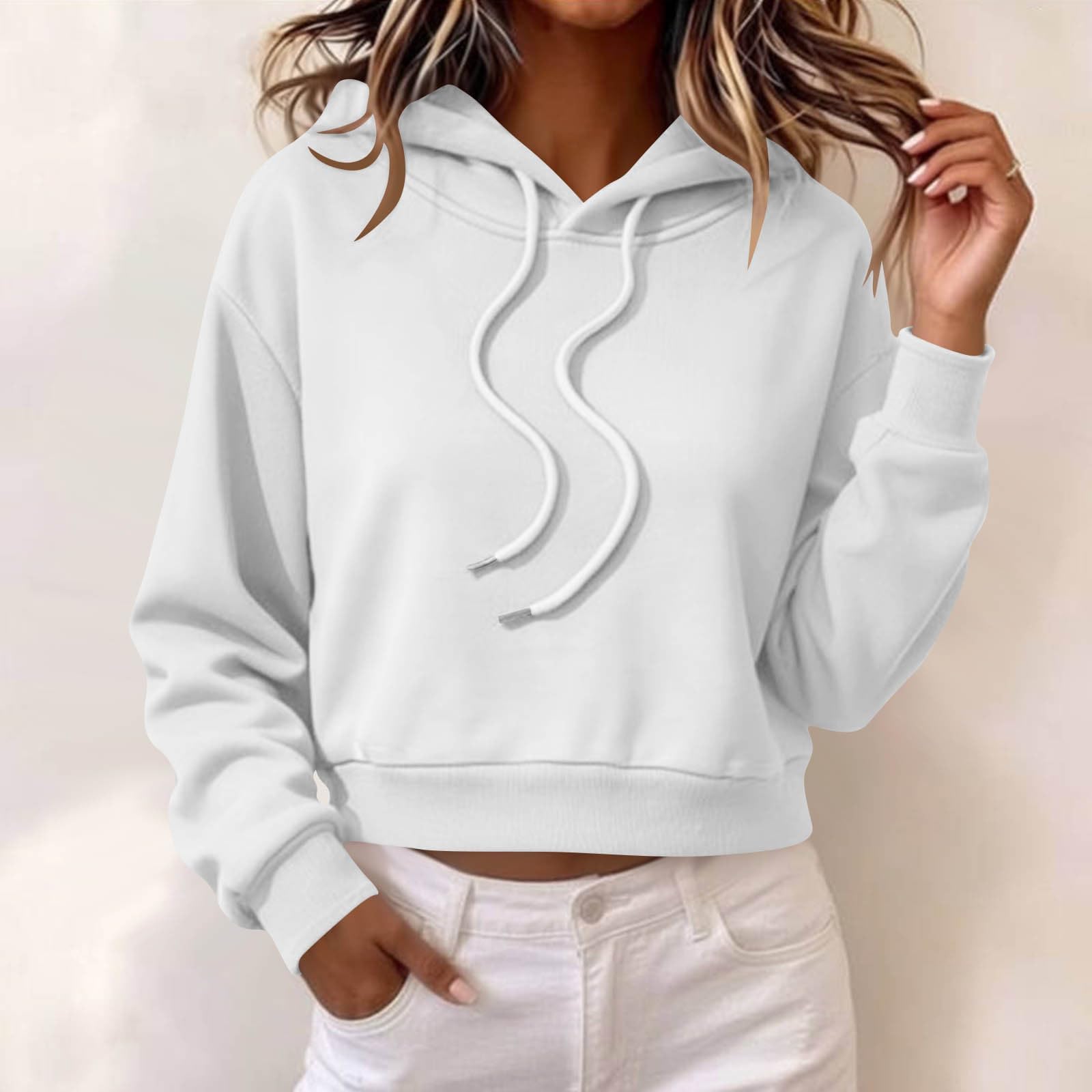 Sudadera corta con capucha y hombros caídos para mujer, con cordón, manga larga, informal, de forro polar, para otoño