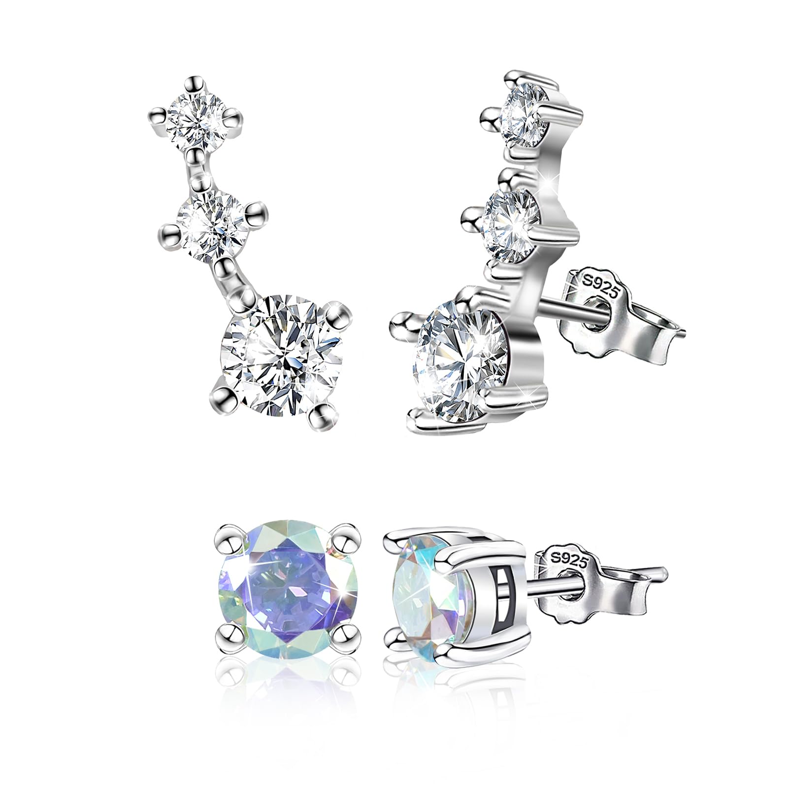 Sterling Silver Stud Earrings for Women White Gold Plated Hypoallergenic Charms Earring Dainty Jewelry with 3 Cubic Zirconia Fashion Birthday Gift for Women