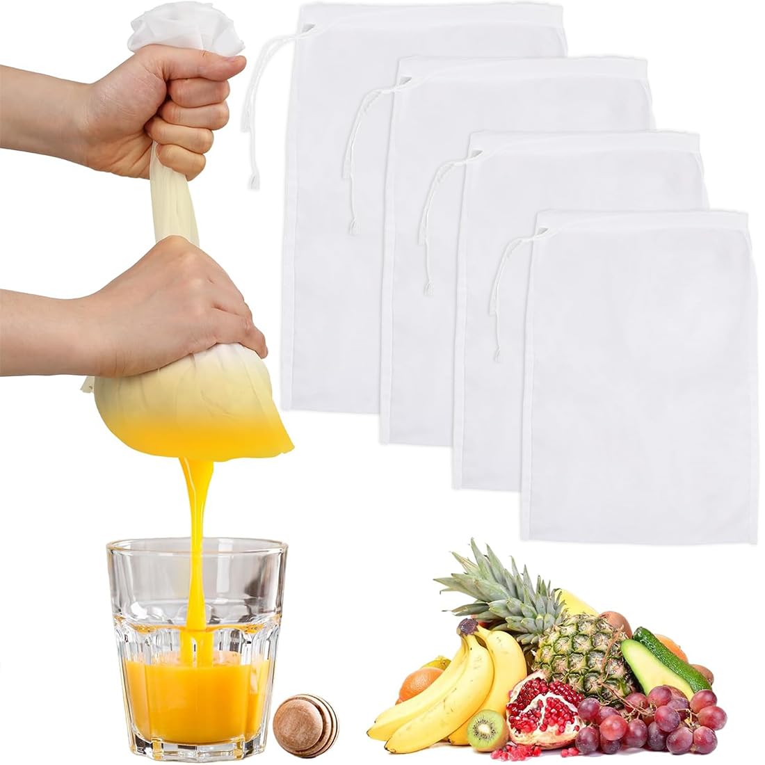 COYUN 4 sacchetti per latte di noci, riutilizzabili, lavabili, sacchetti filtranti con coulisse, per formaggio, succo di frutta, caffè, succo di verdura (4 dimensioni