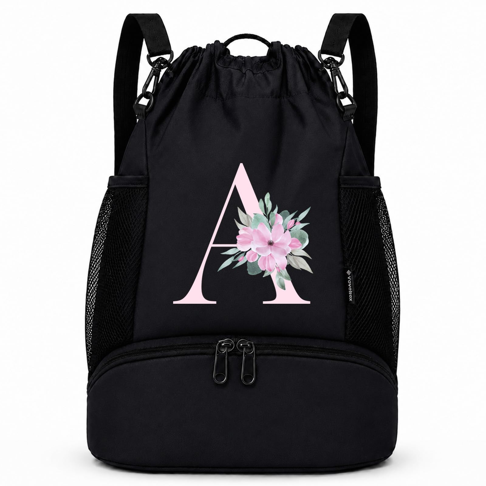 Vavabox Initial Drawstring Backpack Swim Bag Gift for Girls (Black) (A)