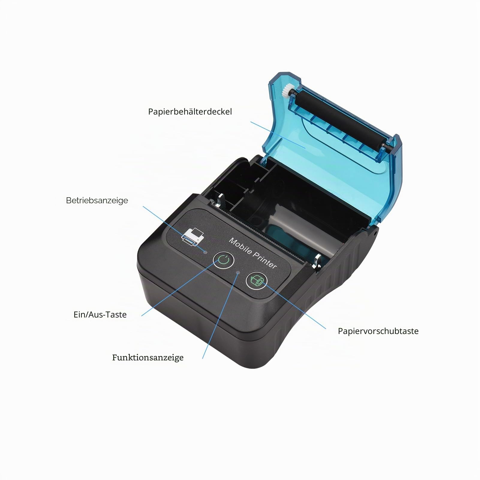 Thermo Belegdrucker, 58 mm Mini Tragbarer Thermodrucker Taschendrucker mit 11 Rollen Thermopapier, USB Verbindung und Kabelloser BT, für Büro Supermarkt Restaurant