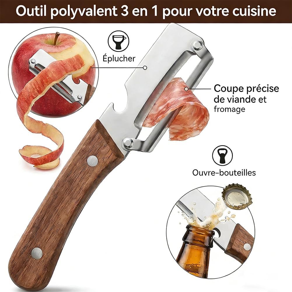 Eplucheur Multifonction 3-en-1 - Eplucheur Légumes avec Manche en Bois Massif, Eplucheur Polyvalent avec Décapsuleur Intégré Lame Tranchante pour Éplucher, Trancher (Marron 1 pièce) - 2
