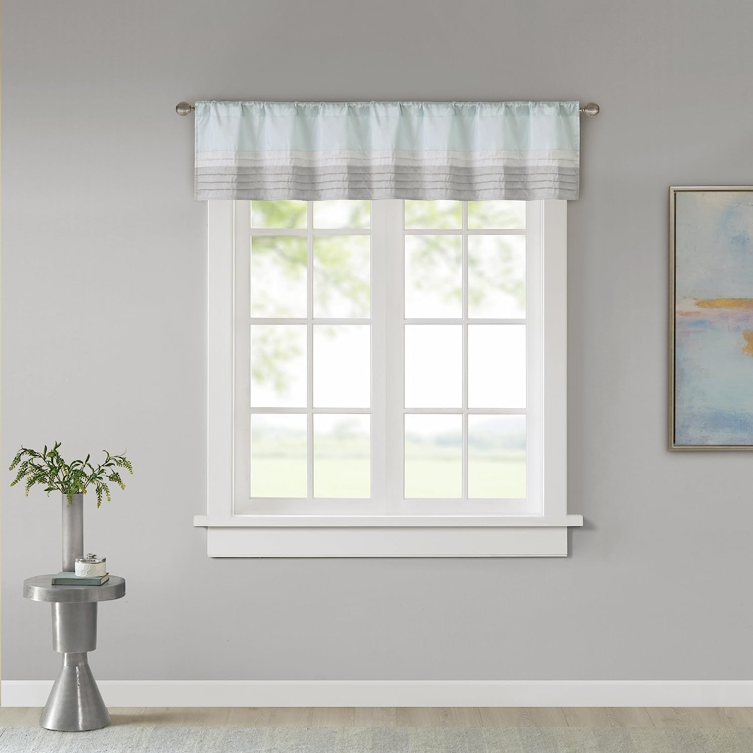 Madison Park Amherst Polyoni Pintuck Teal Gray Window Valance, Modern Rod Pocket Valances for Windows, 50X18, Aqua