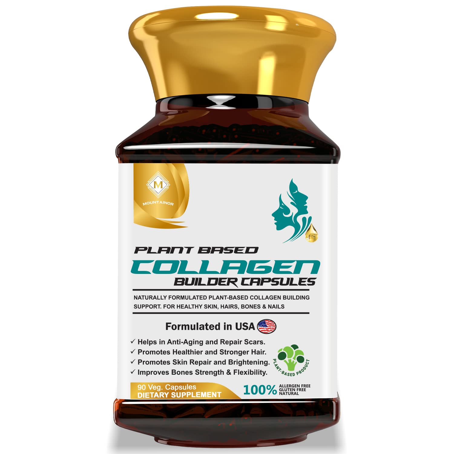 MOUNTAINOR Plant-Based Collagen Builder Capsules With Vitamin C & Biotin , 1000MG (90 Veg Capsules) For Men & Women , Safe & Gluten-Free , For Healthy Skin, Hair, Nails, Bones & Joints
