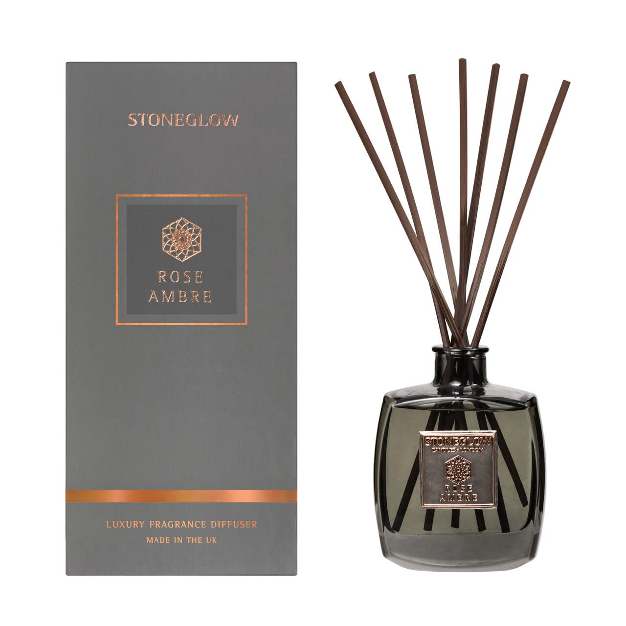 Stoneglow Grey Metallique Collection Rose Ambre 200Ml Scented Reed Diffuser, Premium Air Freshener, Lasts 16 Weeks, 10 Rattan Reed Diffuser Sticks, Refillable & Reusable, Rose Amber Musk Oud Patchouli