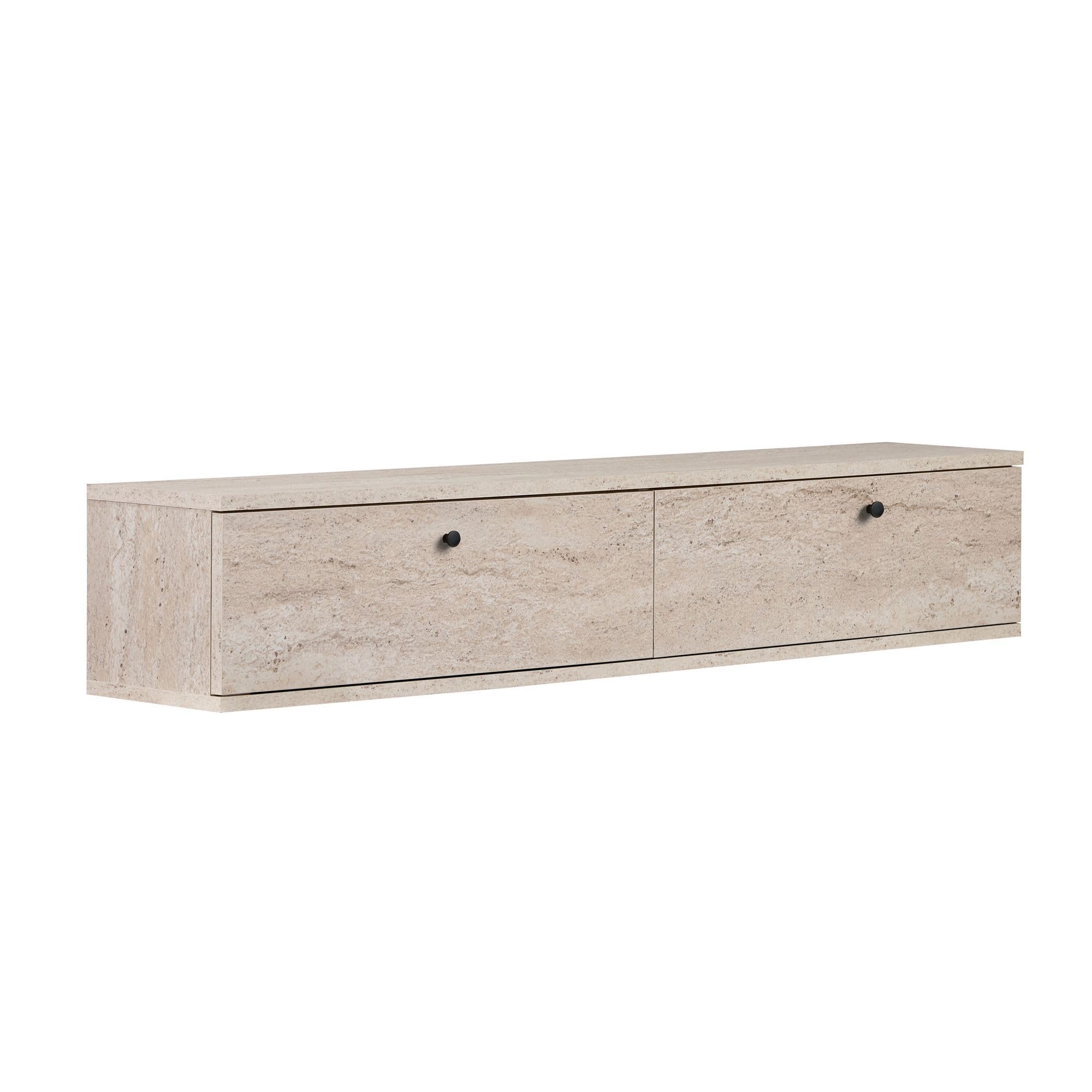 Hanah Home Elegante soporte de TV con aspecto travertino, 140 x 25 x 25 cm, tablero de partículas resistente con revestimiento de melamina, incluye soporte de pared, diseño moderno, capacidad de carga