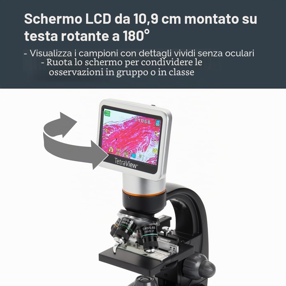 Celestron 44347 TetraView LCD Microscopio digitale touchscreen, Ingrandimento 40x-400x, Nero/Argento