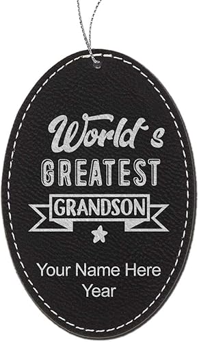 LaserGram Personalized Christmas Ornament, World's Greatest Grandson, Faux Leather, Custom Laser Engraved Gift Idea (Oval Shape, Black with Silver)