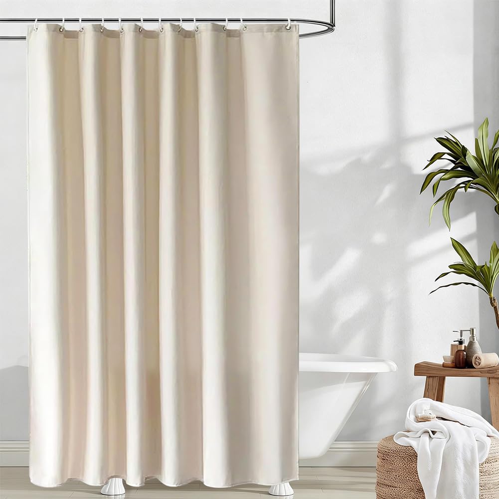 Tenda da doccia in lino 180x200 cm Beige chiaro, lavabile in lavatrice, tenda da bagno in tessuto lavabile antimuffa con 12 anelli