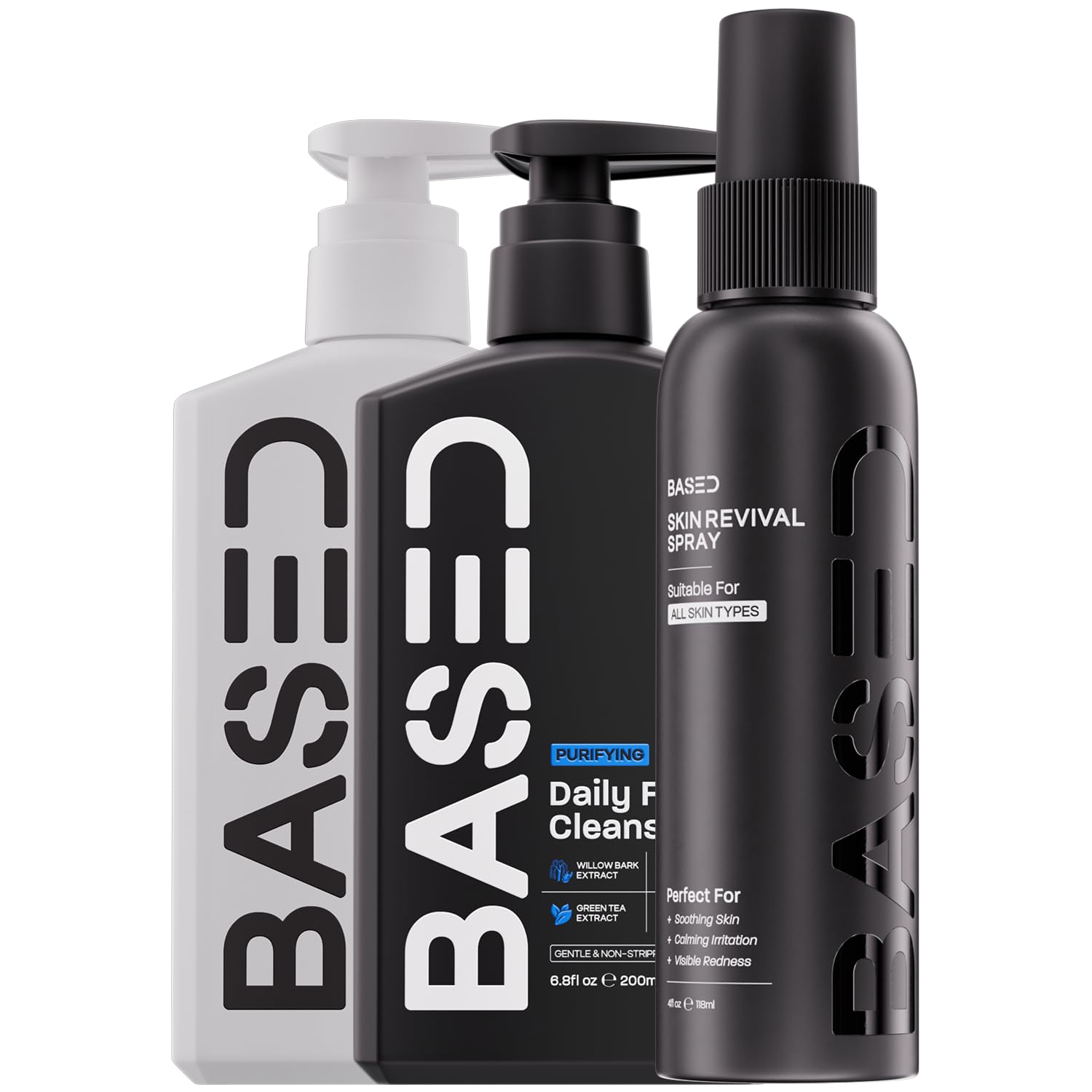 BASED Skincare Trio - Daily Facial Cleanser, Moisturizer & Skin Revival Spray - Complete Men's Skincare System - Hypochlorous Acid, Bamboo Charcoal & Ceramides - All Skin Types