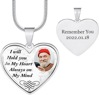 INBLUE Personalized Photo Memorial Necklace for Women Engraved Picture/Text 925 Sterling Silver Necklace Custom Rectangle/Heart Memory Necklaces with Picture Inside for Loss Loved Ones