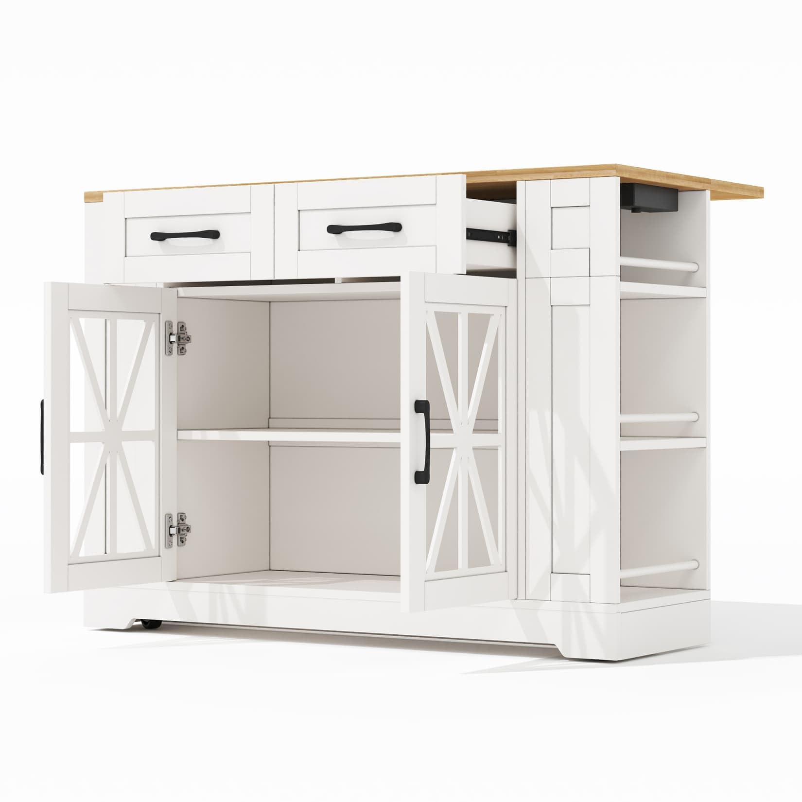Desserte Cuisine à Roues Verrouillables 120x65x92cm,Ilot Central Cuisine avec Plan de Travail Pliable,2 Tiroirs,6 Étagères Ouvertes,Étagères Réglables,2 Portes Vitrées,Prises (A-Blanc)