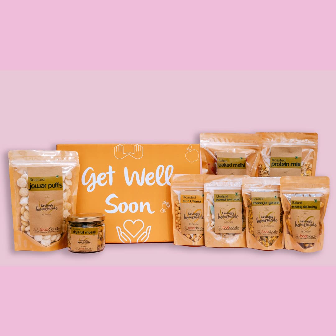 FOODCLOUD.IN Munchies Wishing Them Well Gift Hamper - 8 Healthy and Nutritious Snacks-High Protein & Baked or Roasted - Gift Box (Pack of 8)