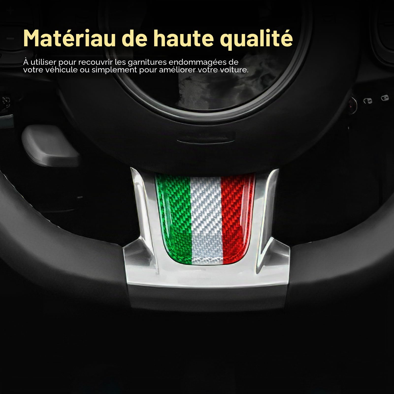 KUNGKIC Pour FIAT 500 Abarth 595 2020 2021 2022 2023 2024 Véritable fibre de carbone dur voiture volant couvre-menton panneau de volant décoratif décoration intérieure autocollant accessoires, cadeau