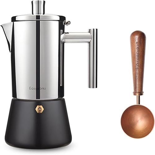 Easyworkz Diego - Cafetera de café expreso de acero inoxidable de 6 tazas de 10 onzas, con cuchara de café retro de acero inoxidable con mango de