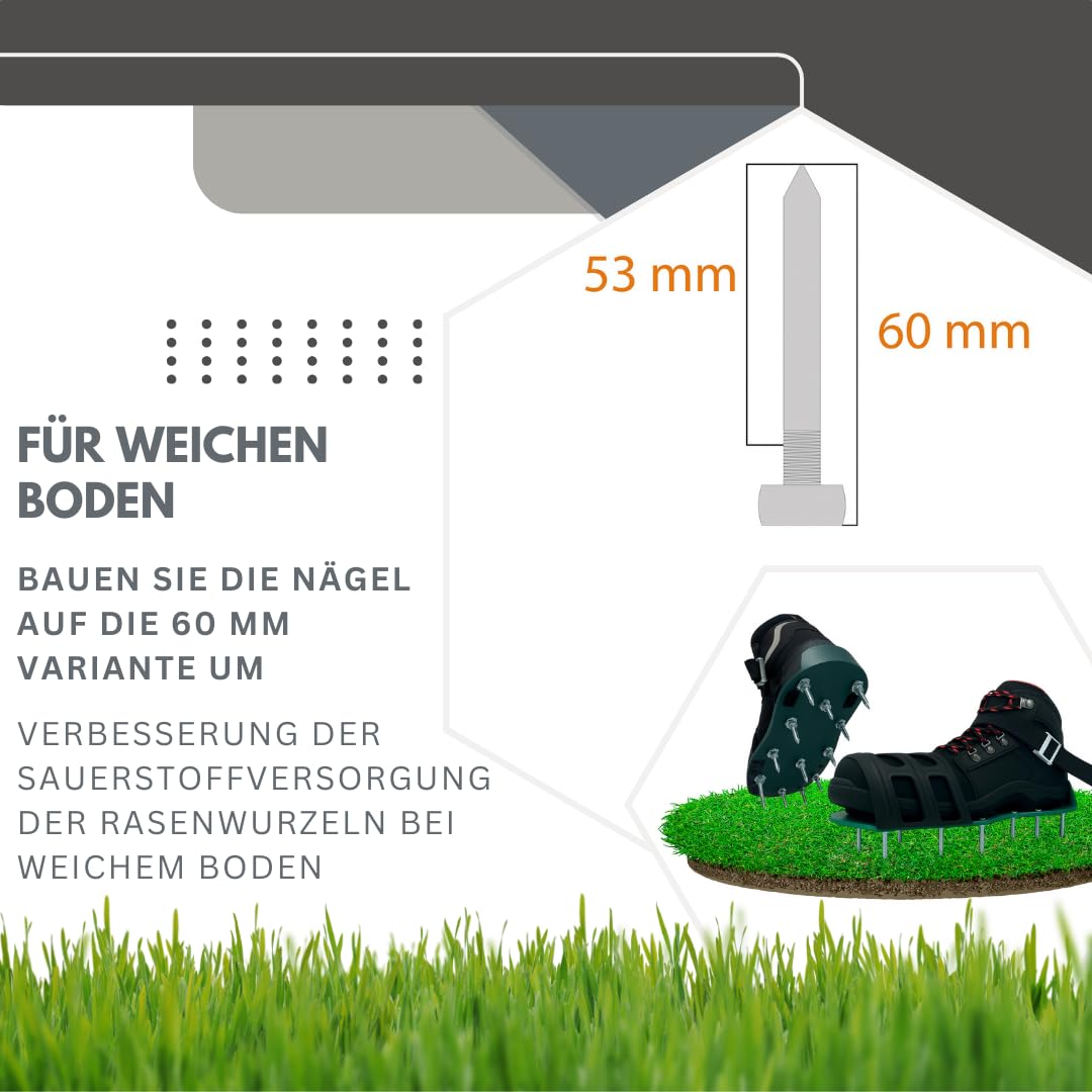 Pangolino Profi Nagelschuhe fertig montiert - Nagelsohle für Rasenlüfter & Estrich mit TPE-Riemenfixierung | Vormontiert inkl. 42mm & 60mm Nägeln (Gr. 37-48)