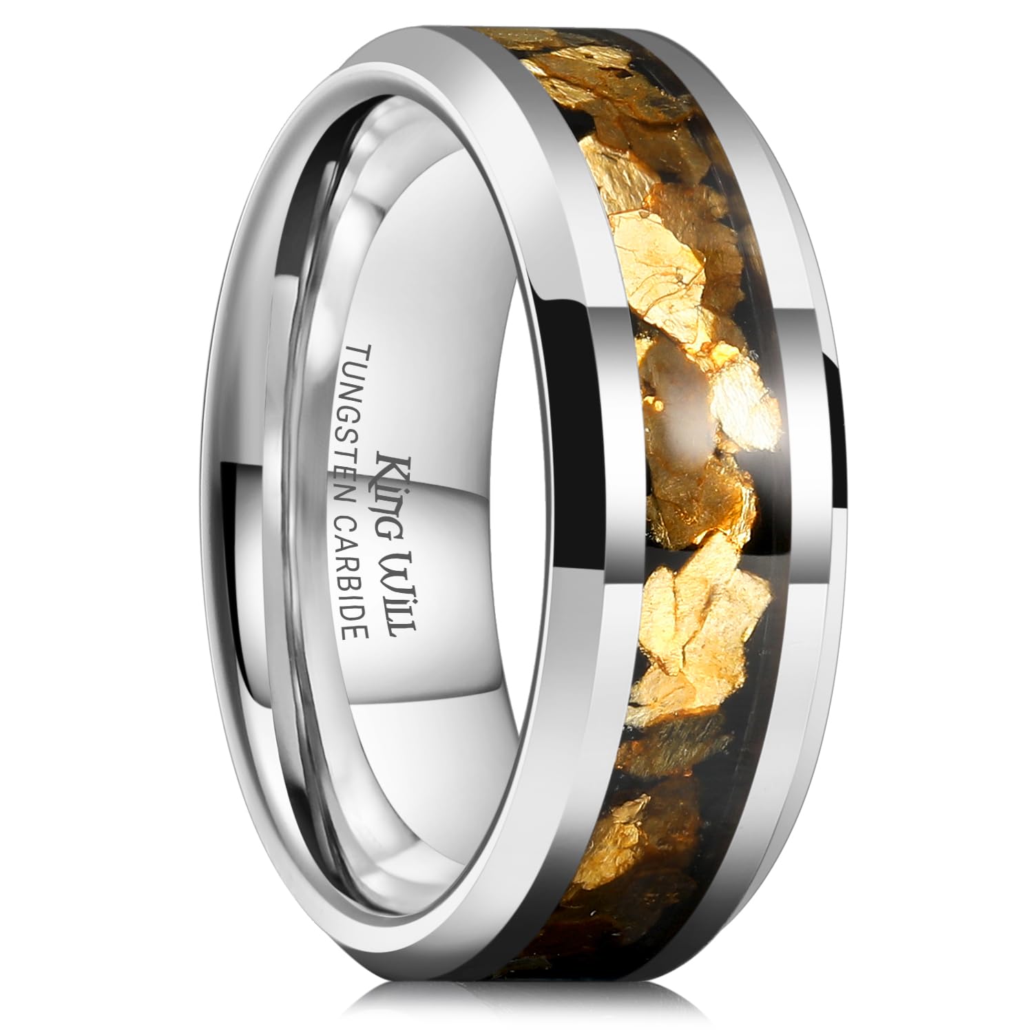 King Will Mens Wedding Band with Foils Inlay, Black/Silver/Gold